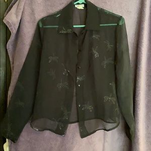Black sheer button down with silver dragonflies